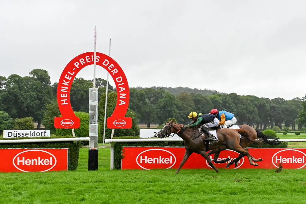 
Lukas Delozier auf der Stute Muskoka beim Zieleinlauf des Hauptrennens um den Henkel-Preis der Diana.