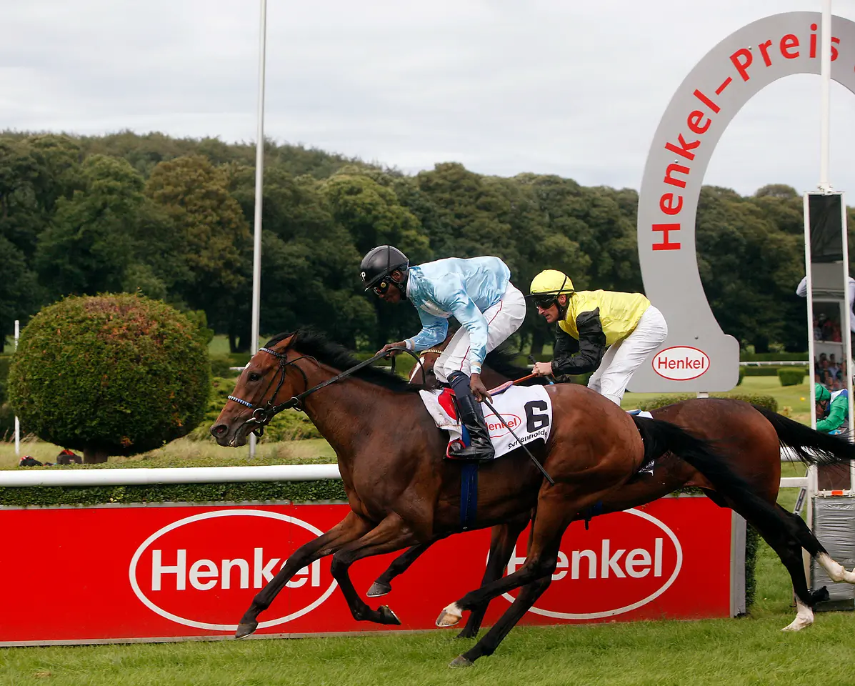 Henkel-Renntag 2016: Serienholde und Jockey Eduardo Pedroza beim Zieleinlauf des Hauptrennens